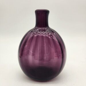 MMA Signed Purple Art Glass Bud Vase Hand Blown Ribbed Amethyst Round 4.5"
